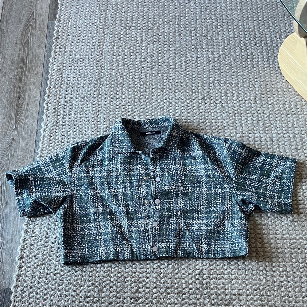 Fashion Nova Black and White Plaid Button Down Crop
